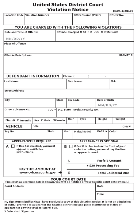 United States District Court Violation Notice